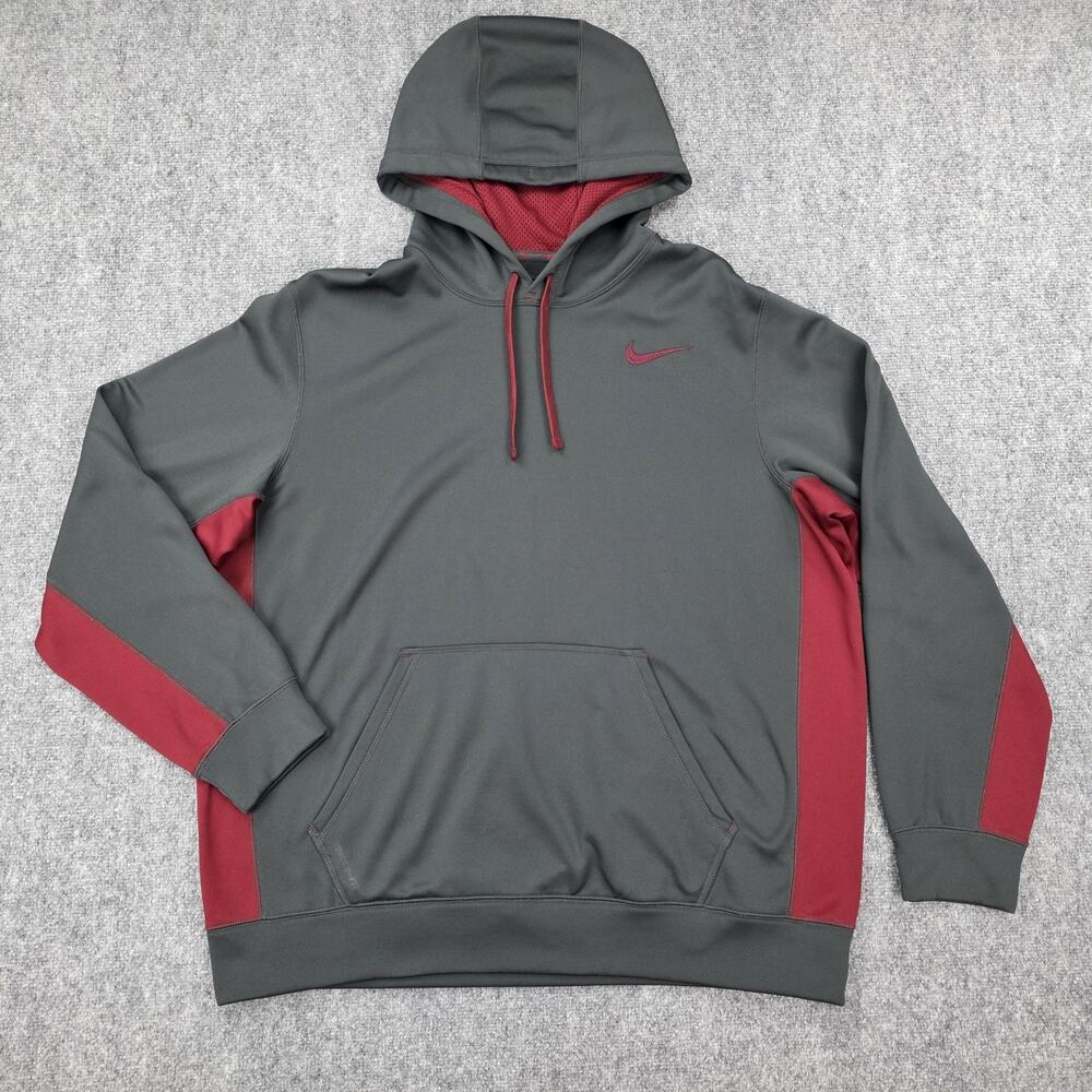 Nike Sweatshirt Mens XL Gray Red Hoodie Therma-Fit Pullover Fleece Athletic